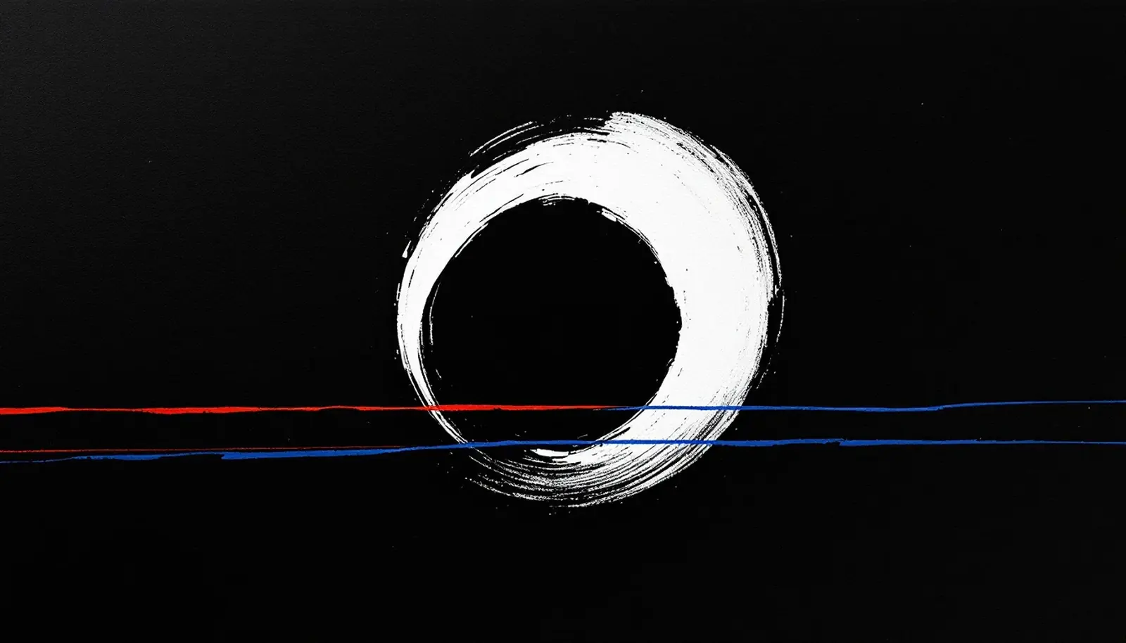 A white ink enso brush circle on dark paper, crossed by a thin red line and a thin blue line.